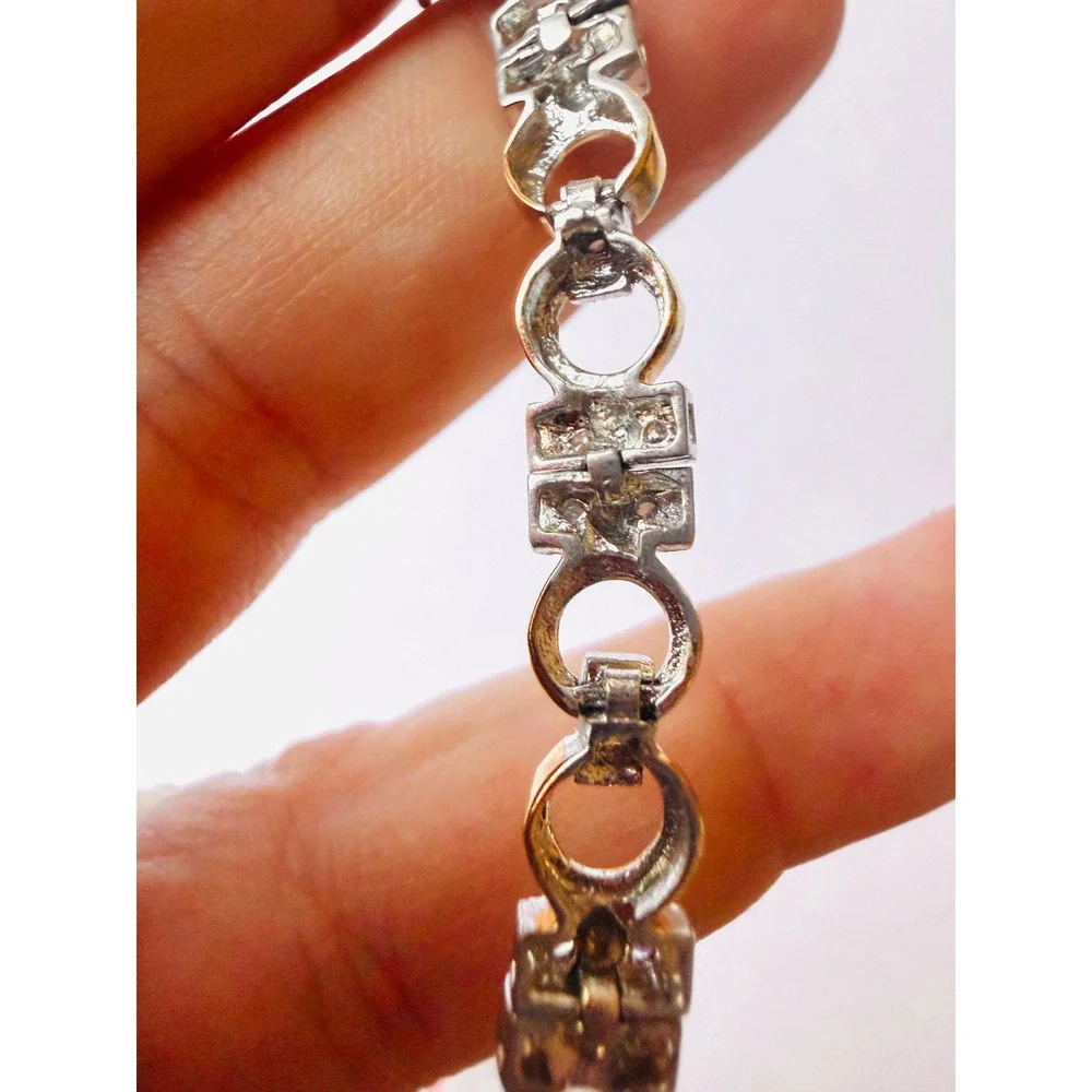 Sterling Silver 925 Two Tone Gold Plated Pave Stone Link Bracelet 7.5